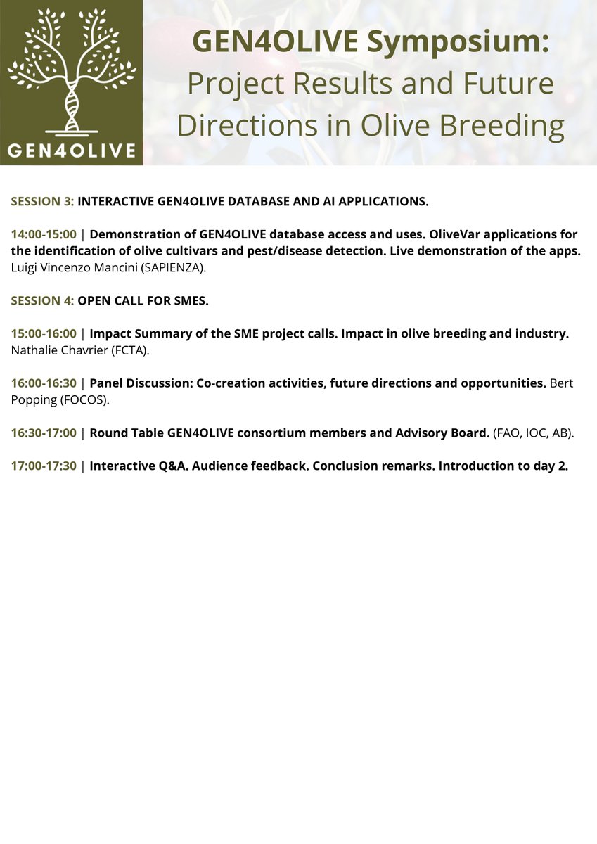 Gen4Olive's tweet photo. 🌿 #GEN4OLIVE Final Symposium – Full Agenda! 🌿

📅 Feb 25-26, 2025 | 📍 Córdoba, Spain

💡 What’s coming?
🔬 Day 1: GEN4OLIVE results, AI tools &amp; SME innovations.
🧬 Day 2: Olive &amp; crop breeding, AI &amp; genomics, sustainability panels.

🔗 Register now! → https://t.co/1FJl8B1nq7 https://t.co/x9pjvH5KYl