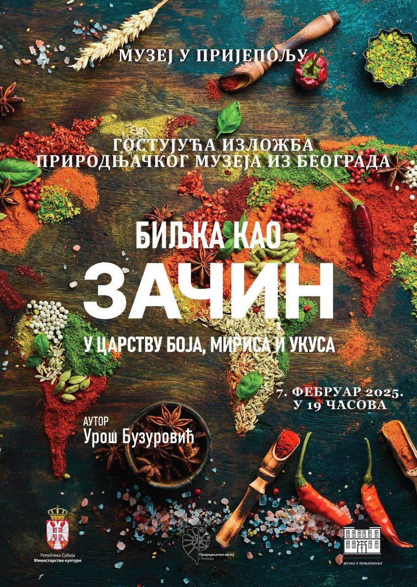 Природњачки музеј из Београда са задовољством најављује четврто гостовање изложбе „Биљка као зачин – у царству боја, мириса и укуса“, аутора др Уроша Бузуровића у Музеју у Пријепољу. Изложбу ће посетиоци моћи да посете до 10. марта 2025. године.