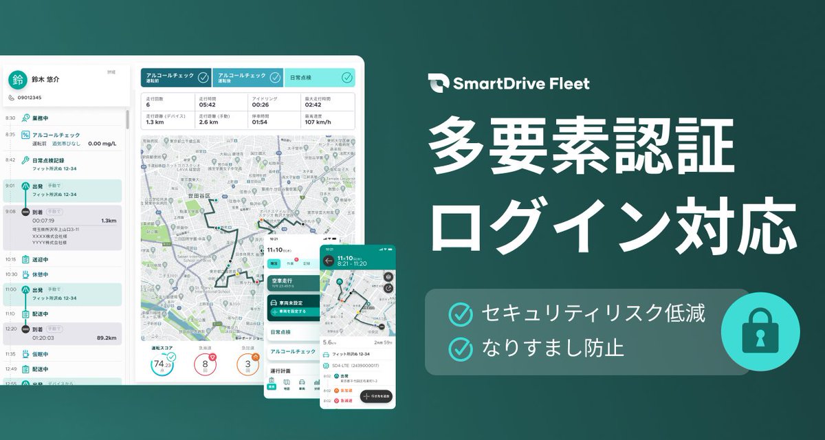 #プレスリリース

「SmartDrive Fleet」にログイン時の多要素認証が新機能として追加！

昨今、一つのパスワード漏洩が大きな被害につながることもあり、

「セキュリティを高めた上で活用したい」というユーザーさまのお声にお応えして、

本機能の開発・提供となりました。

prtimes.jp/main/html/rd/p…
