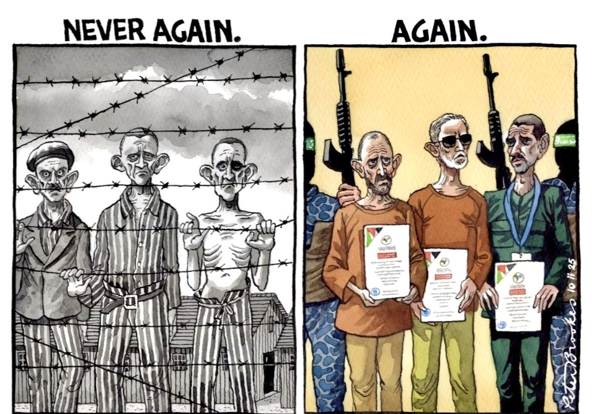 Never Again. Again. The Times cartoon today. Man’s inhumanity to man resurrected in Hamas.