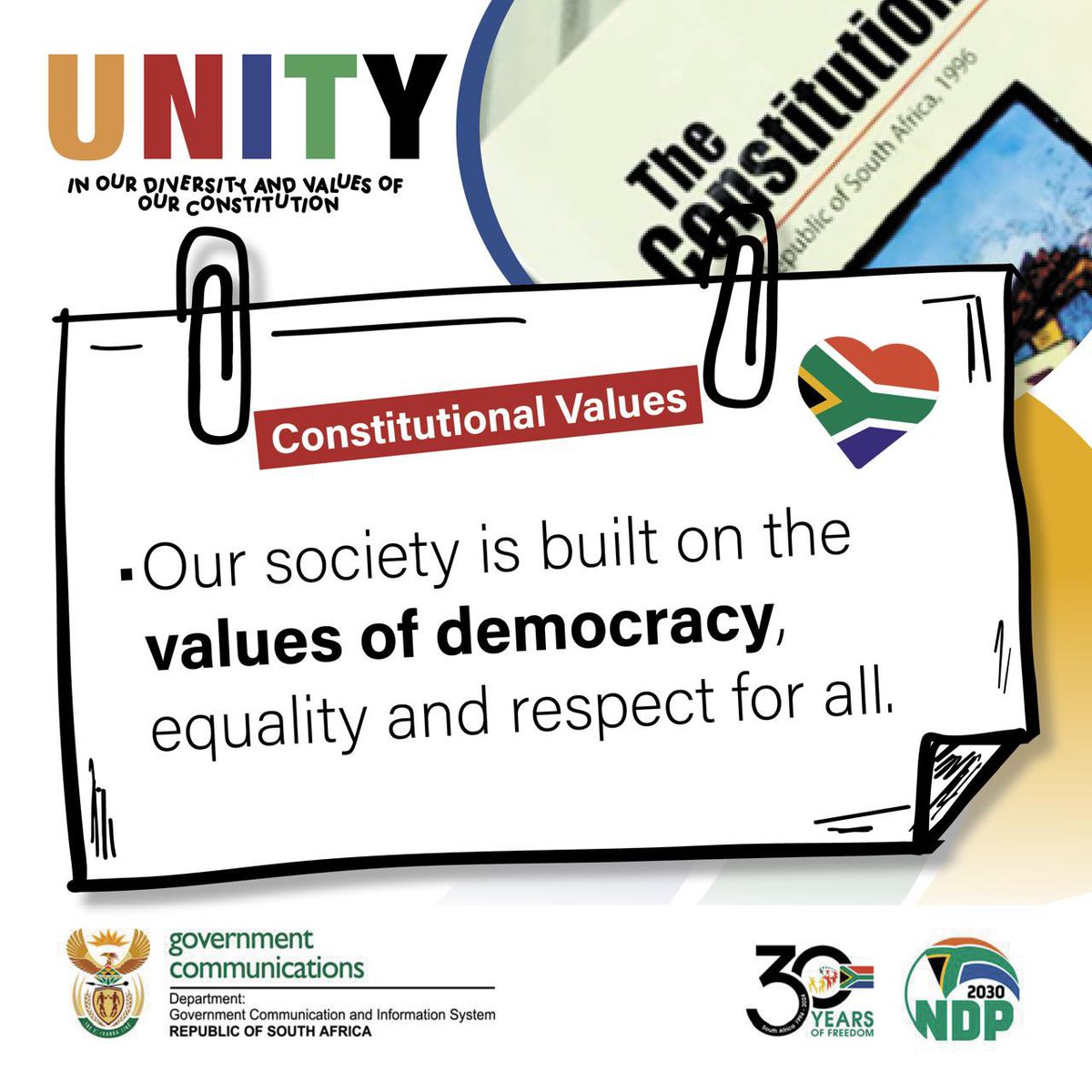 We pride ourselves in being a nation that demonstrates UNITY through our diversity and in the values carried in our Constitution. 🇿🇦

As a South African citizen, you can #PlayYourPart by knowings your rights and respecting the rights of those around you. 

#MondayInspiration