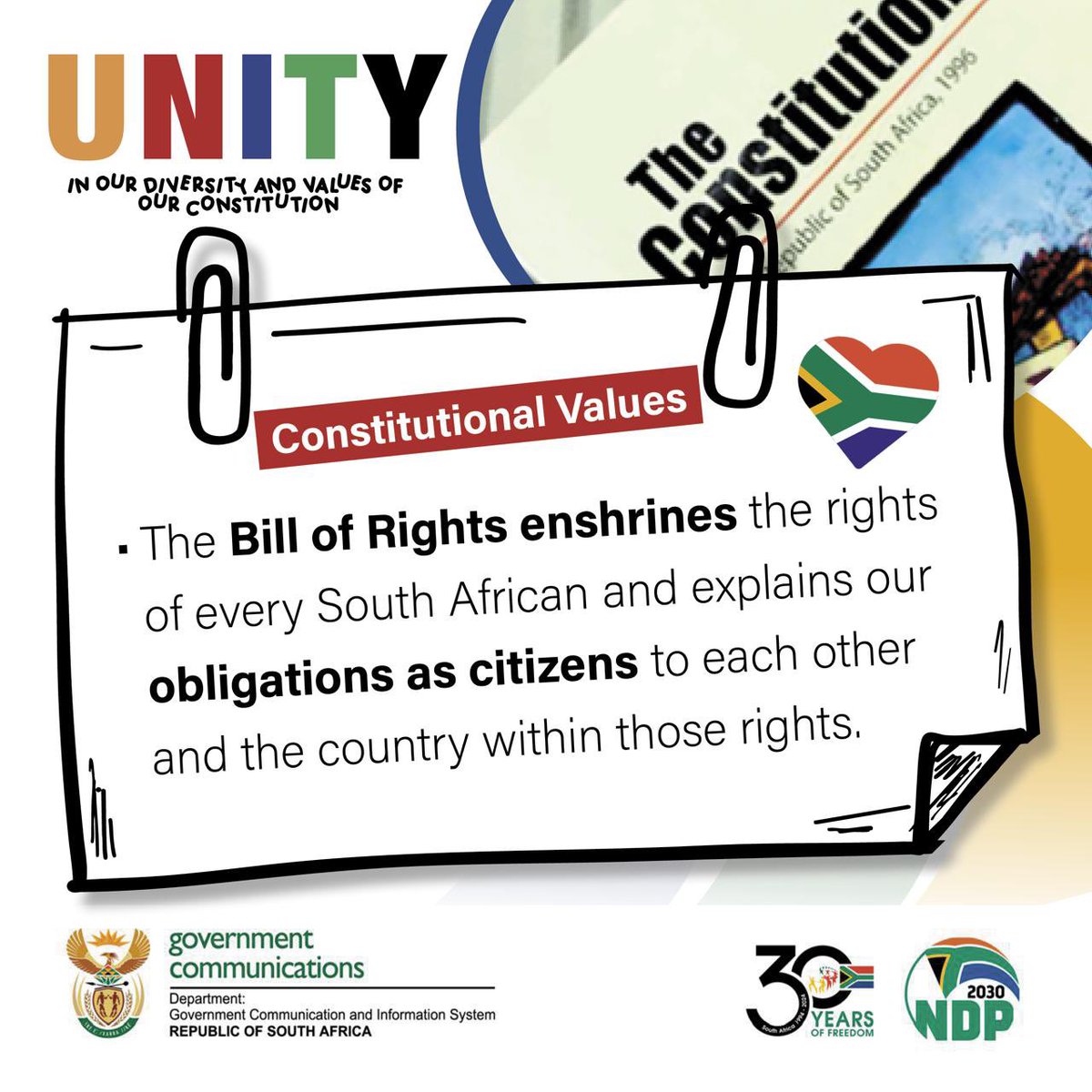 PlayYourPartSA's tweet image. We pride ourselves in being a nation that demonstrates UNITY through our diversity and in the values carried in our Constitution. 🇿🇦

As a South African citizen, you can #PlayYourPart by knowings your rights and respecting the rights of those around you. 

#MondayInspiration