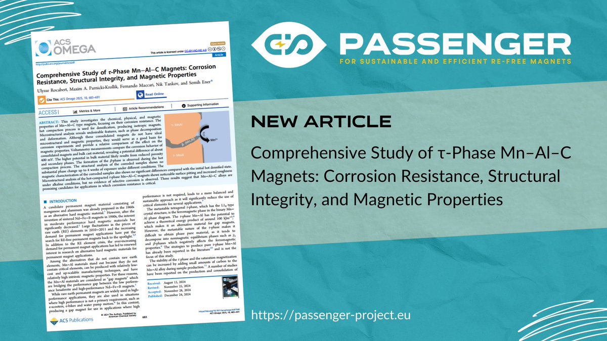 Recent study from <a href="/Passenger_EU/">PASSENGER</a> demonstrates water-resistant Mn-Al-C #magnets as alternatives to #RareEarth elements. These 'gap magnets' could reshape everyday applications, like water pumps, while reducing supply chain dependencies.
🧲 passenger-project.eu/project-news/t…  #Horizon2020