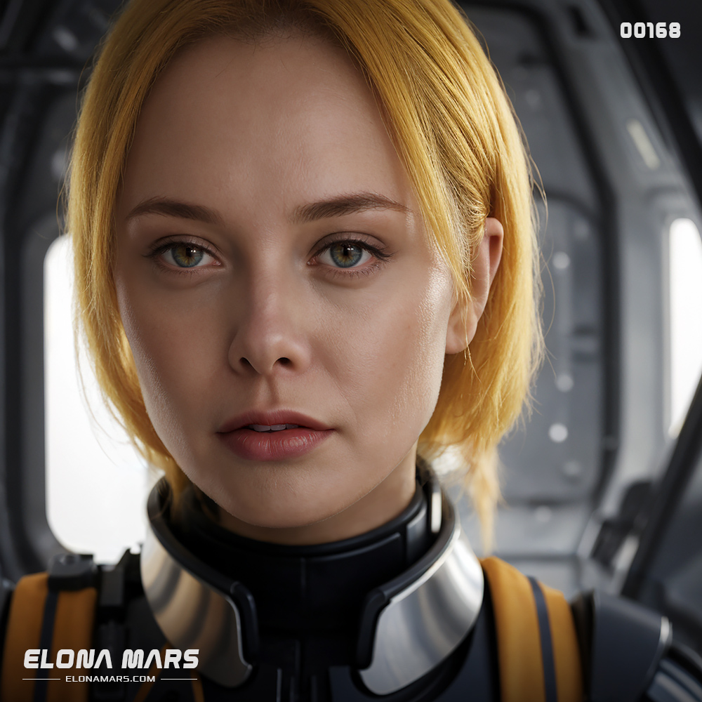 The Story of This NFT: "Touchdown on the Edge of the Unknown"

Elona Mars stood still, her brilliant yellow hair casting a golden halo under the soft glow of the observation deck’s overhead lights. Below her, the planet Vespera-9 sprawled out in a tapestry of copper-colored