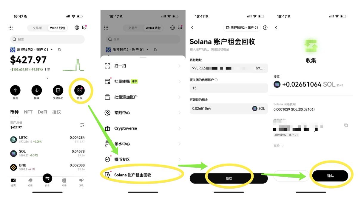 在sol上面有过交易，打过土狗的账号！ 千万不要忘记回收gas。 现在在#OKX 钱包里面可以一键回收！ 下面是具体教程⬇️ 打开web3 钱包 ➡️点击更多➡️点击solana账户租金回收➡️点击领取➡️点击确认