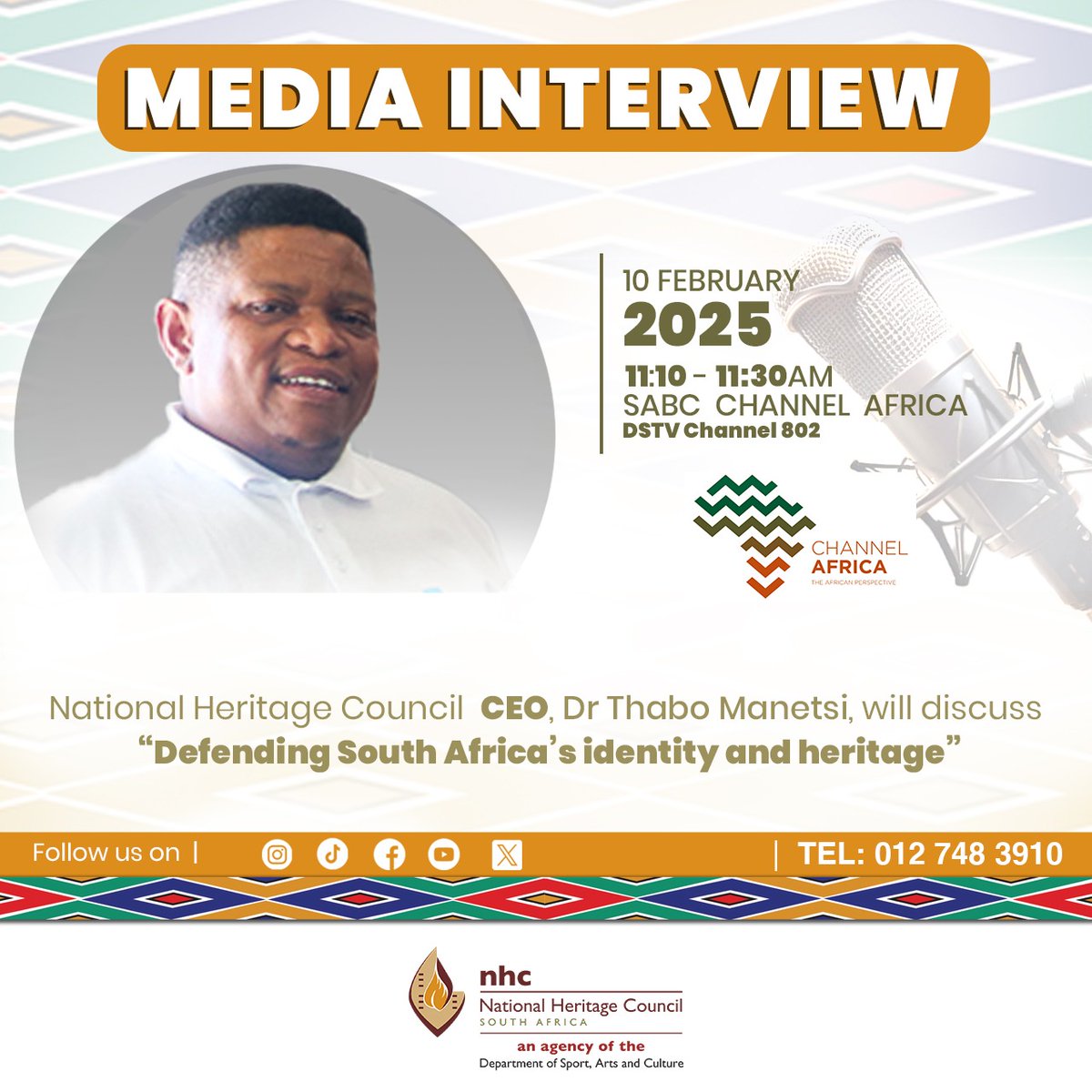 NHCSouthAfrica's tweet image. Dr Thabo Manetsi will be on @channelafricaradio to discuss how South Africans can defend our country's identity and heritage and why is it even important now. 
#saheritage #SAidentity