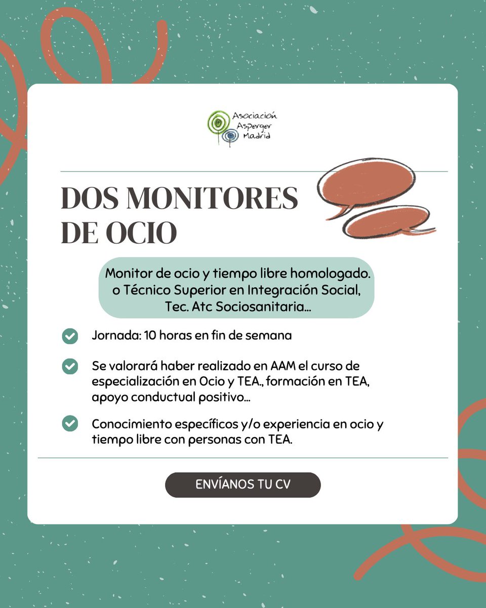 Asociación Asperger Madrid (@aspergermadrid) on Twitter photo ¡Estamos contratando! Únete a Asperger Madrid y forma parte de un equipo. 💼
Buscamos los siguientes perfiles:
🧩 Trabajador/a Social -> linkedin.com/feed/update/ur…
🧩 Dos Monitores/a de Ocio -> linkedin.com/feed/update/ur…
Envía tu CV a gema.pallares@aspergermadrid.org. 🌟 ¡Estamos contratando! Únete a Asperger Madrid y forma parte de un equipo. 💼
Buscamos los siguientes perfiles:
🧩 Trabajador/a Social -> linkedin.com/feed/update/ur…
🧩 Dos Monitores/a de Ocio -> linkedin.com/feed/update/ur…
Envía tu CV a gema.pallares@aspergermadrid.org. 🌟