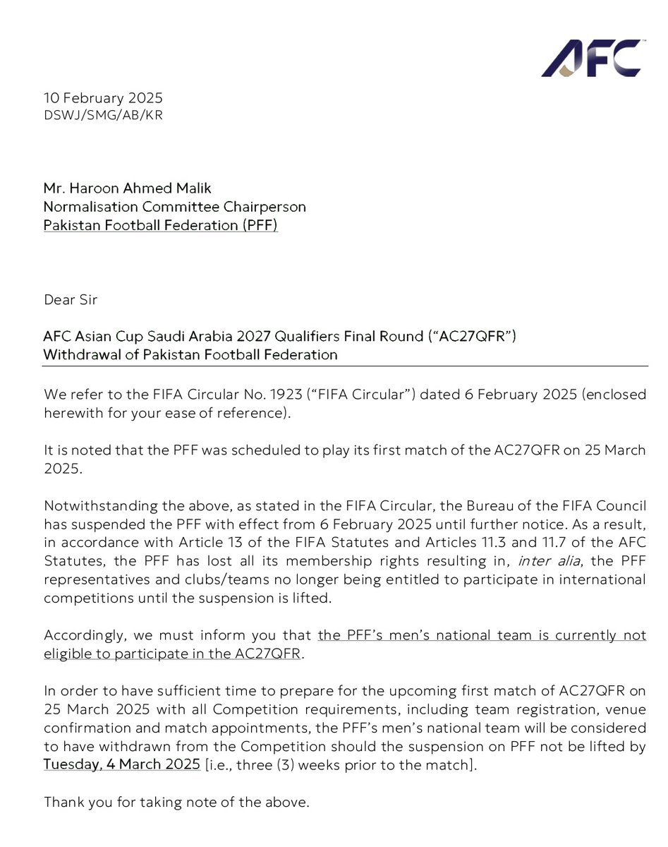 faizanlakhani's tweet photo. Pakistan will be out of AFC Asian Cup qualifiers if PFF suspension isn't lifted by March 4th. https://t.co/hr730u9ddh