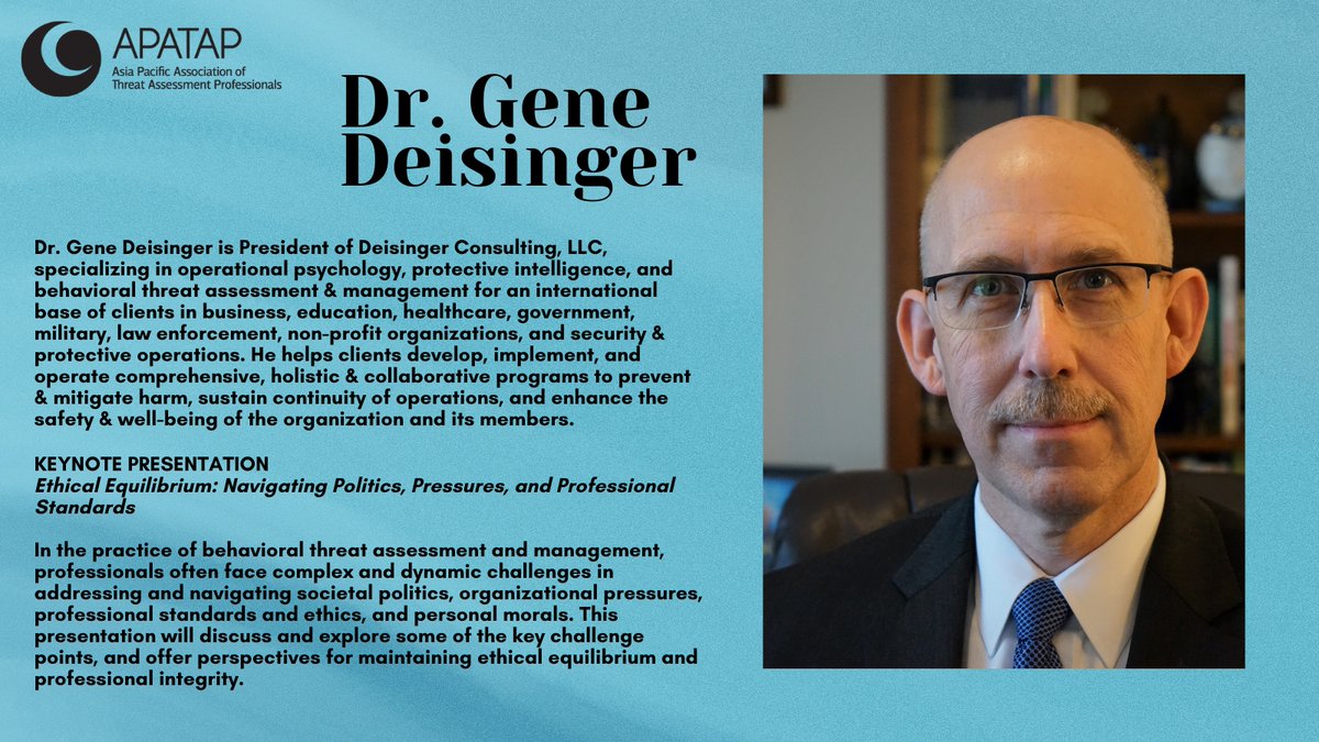 Introducing our first keynote speaker for the 2025 Conference, <a href="/GDeisinger/">Gene Deisinger</a>!

#APATAP #APATAP2025 #APATAPConference2025 #ThreatAssessment #ThreatManagement