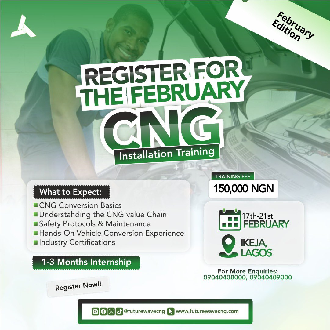 futurewavecng's tweet image. 🤩Another CNG technical training opportunity  is here!!!

✅Hurry and get your registration done today !!!

#cng #cngtechnology #cleanenergy #nigeria #sustainableliving