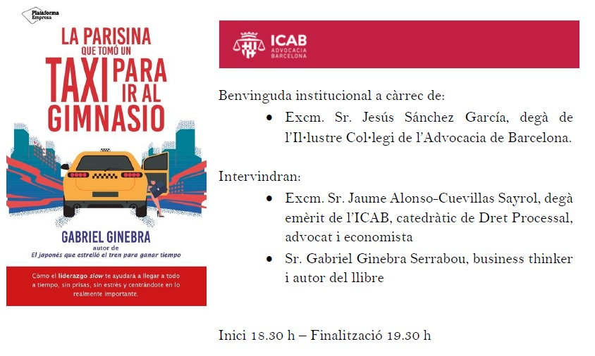 <a href="/GabrielGinebra/">Gabriel Ginebra</a> presenta «La parisina que tomó un taxi para ir al gimnasio», un libro que te ayudará a llegar a todo a través del concepto de liderazgo slow.

📅Miércoles 12/02
🕓 18:30
📍Barcelona
Inscríbete aquí: docs.google.com/forms/d/e/1FAI…

¡Te esperamos!

#presentaciones #libros