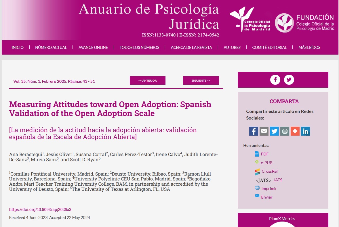 Deusto FamilyPsych (@deustofampsych) on Twitter photo 📢 Nueva publicación – Open Access
📝 "Measuring Attitudes toward Open Adoption: Spanish Validation of the Open Adoption Scale"
📚 Anuario de Psicología Jurídica, 35
🔗 Accede: bit.ly/3EtKtpj
<a href="/BlanquernaFPCEE/">Blanquerna FPCEE</a> <a href="/ComillasFamilia/">Comillas Instituto Familia</a> <a href="/CopMadrid/">Colegio Oficial de la Psicología de Madrid</a>
#AdopciónAbierta #Investigación 📢 Nueva publicación – Open Access
📝 "Measuring Attitudes toward Open Adoption: Spanish Validation of the Open Adoption Scale"
📚 Anuario de Psicología Jurídica, 35
🔗 Accede: bit.ly/3EtKtpj
<a href="/BlanquernaFPCEE/">Blanquerna FPCEE</a> <a href="/ComillasFamilia/">Comillas Instituto Familia</a> <a href="/CopMadrid/">Colegio Oficial de la Psicología de Madrid</a>
#AdopciónAbierta #Investigación