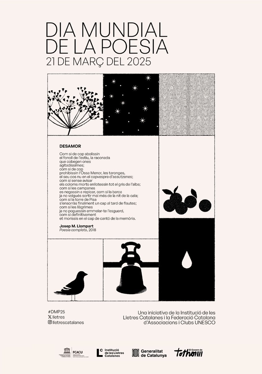🔴 ATENCIÓ! Avui fem públic quin serà el poema del Dia Mundial de la Poesia 2025! Es tracta de “Desamor”, de Josep M. Llompart, de qui enguany commemorem el centenari del naixement. 
👉🏼cultura.gencat.cat/ca/ilc/que-fem…
#DMP25
#AnyLlompart