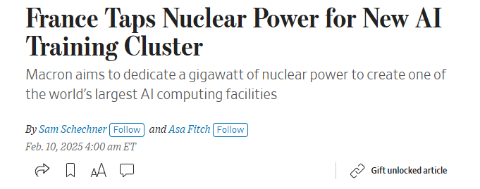 wallstengine's tweet photo. FRANCE BETS ON NUCLEAR TO LEAD IN AI COMPUTING: WSJ

President Macron is dedicating 1 gigawatt of nuclear power to build one of the world’s largest AI training facilities, led by FluidStack. With plans to power 120,000 Nvidia AI chips by 2026 and expand to 10 GW by 2030, the project aims to rival U.S. initiatives like Stargate. Backed by France’s surplus nuclear energy, the move could shift the AI race toward Europe.
