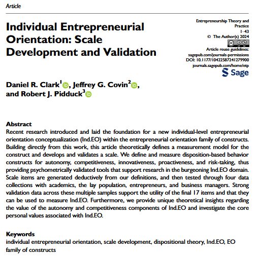 ETPjournal's tweet image. New research alert!
We define & validate a 17-item scale for Individual Entrepreneurial Orientation (Ind.EO), filling a key gap in entrepreneurship research.
Tested across 4 diverse samples, this scale offers robust psychometric validation. Read more: doi.org/10.1177/104225…