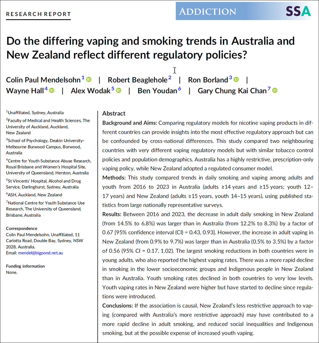 ColinMendelsohn's tweet image. 1/12
Our new paper in Addiction found that #smoking in New Zealand declined TWICE AS FAST as in Australia from 2016-2023

Is #vaping the key factor?
A thread⤵️

@Anne_Ruston @SenatorJordon @mattjcan @D_LittleproudMP @RossCadell @DrAmandaCohn @adambandt @AlboMP @Mark_Butler…