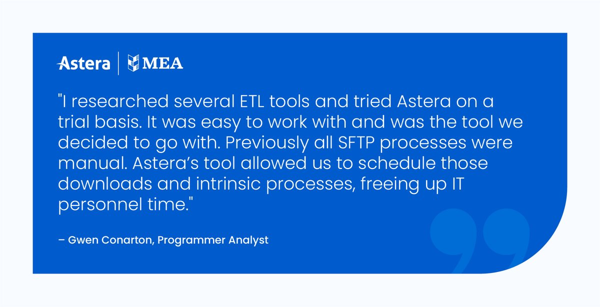 AsteraSoftware's tweet photo. Michigan Education Association automates #dataprocessing with Astera!

MEA, representing 120,000 educators, transformed invoicing by scheduling data extraction &amp; integration overnight - ensuring reporting-ready data every morning.

See how they did it👉https://t.co/rDTNjW4Oz7 https://t.co/ebmYy1pGJ9
