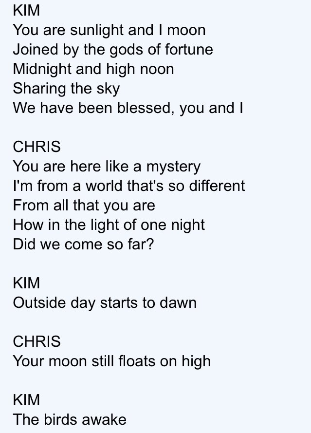 JediJenna's tweet photo. Just going through my musical theater nerd phase again and am once again reminded of Cloud and Tifa…under the Highwind perhaps… #Cloti #MissSaigon #SunlightMoonlight https://t.co/RrQPctKmbS