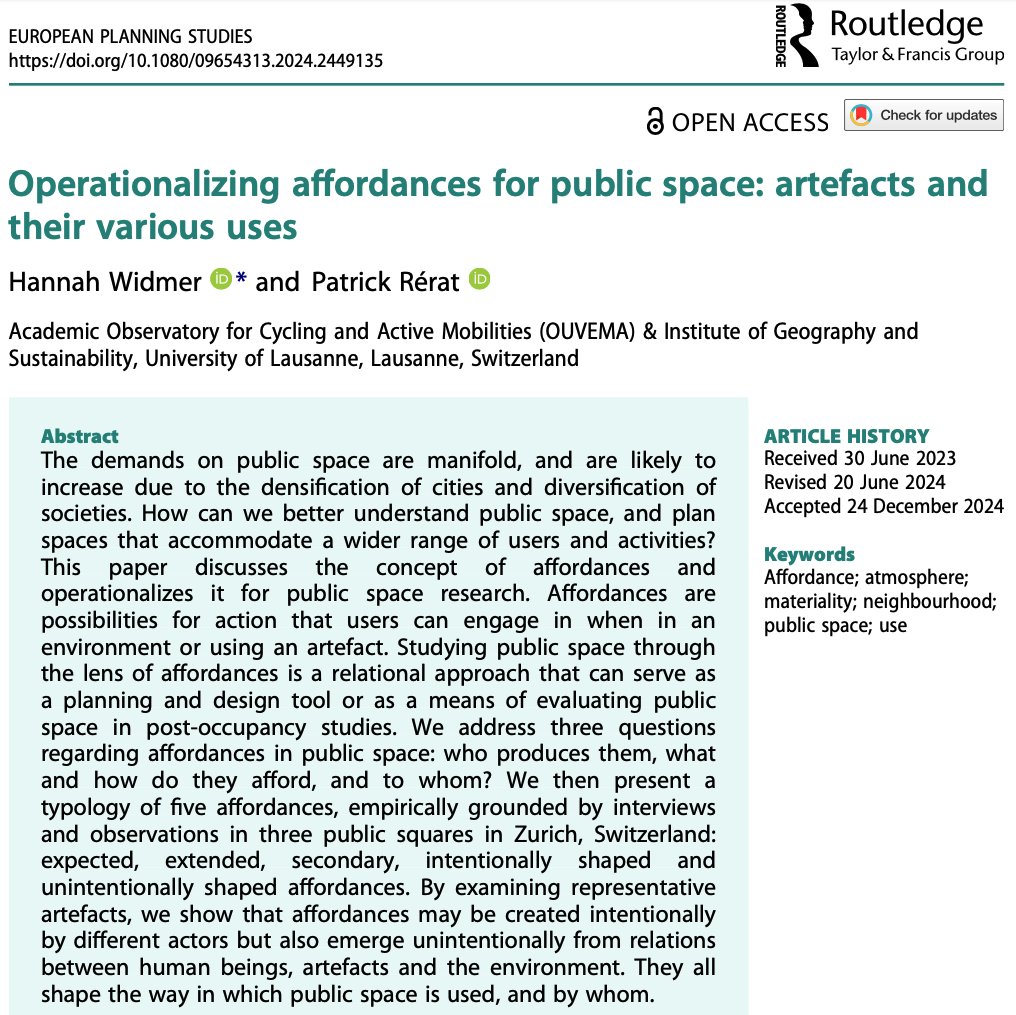 📢 New paper! How can we better understand public spaces and plan them for a wide range of use(r)s?

With Hannah Widmer we analyzed 3 #publicsquares in Zurich and 5 types of "affordances" to address the role of designers and users
Open access! doi.org/10.1080/096543…