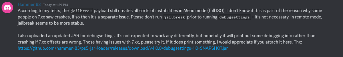 PoKeChaR1's tweet photo. @dravszoo1 debugsettings jar has been updated to print out  debugging info instead of crashing on PS5 7.xx. https://t.co/1gyNq0pH3F