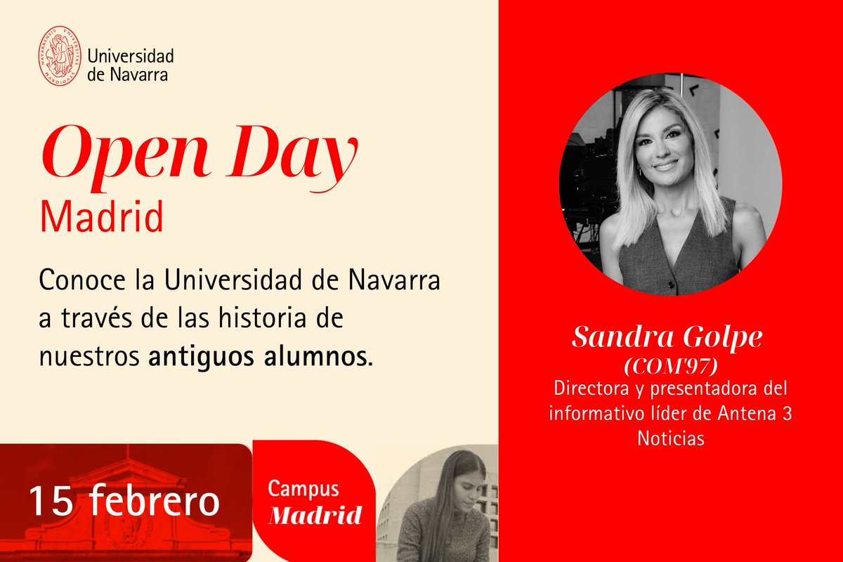 Este sábado en el #OpenDay de Madrid más de 200 estudiantes y familias conocerán la experiencia de estudiar en la <a href="/unav/">Universidad de Navarra</a> de la mano de nuestra <a href="/alumni_unav/">Alumni UNAV</a>  Sandra Golpe (COM'97). 

Si todavía no te has apuntado, aún estás a tiempo. 👇
cutt.ly/eeLLeDIZ