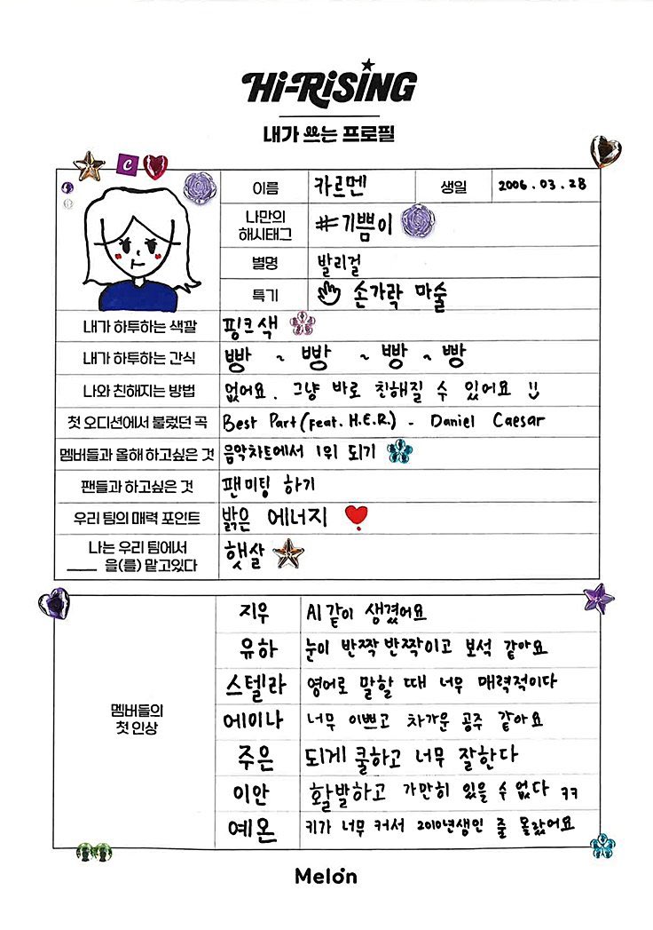 CARMEN PROFILE 🌴

CARMEN 2006.03.28
1. hashtag: #.JOY
2. alias: Bali Girl
3. specialty: Finger Magic
4. fav color: Pink
5. fav snacks: 빵빵빵빵
6. how to get to know me: We can just be friends right away!
7. the first song I sang at audition: Best Part 
8. what to do with the