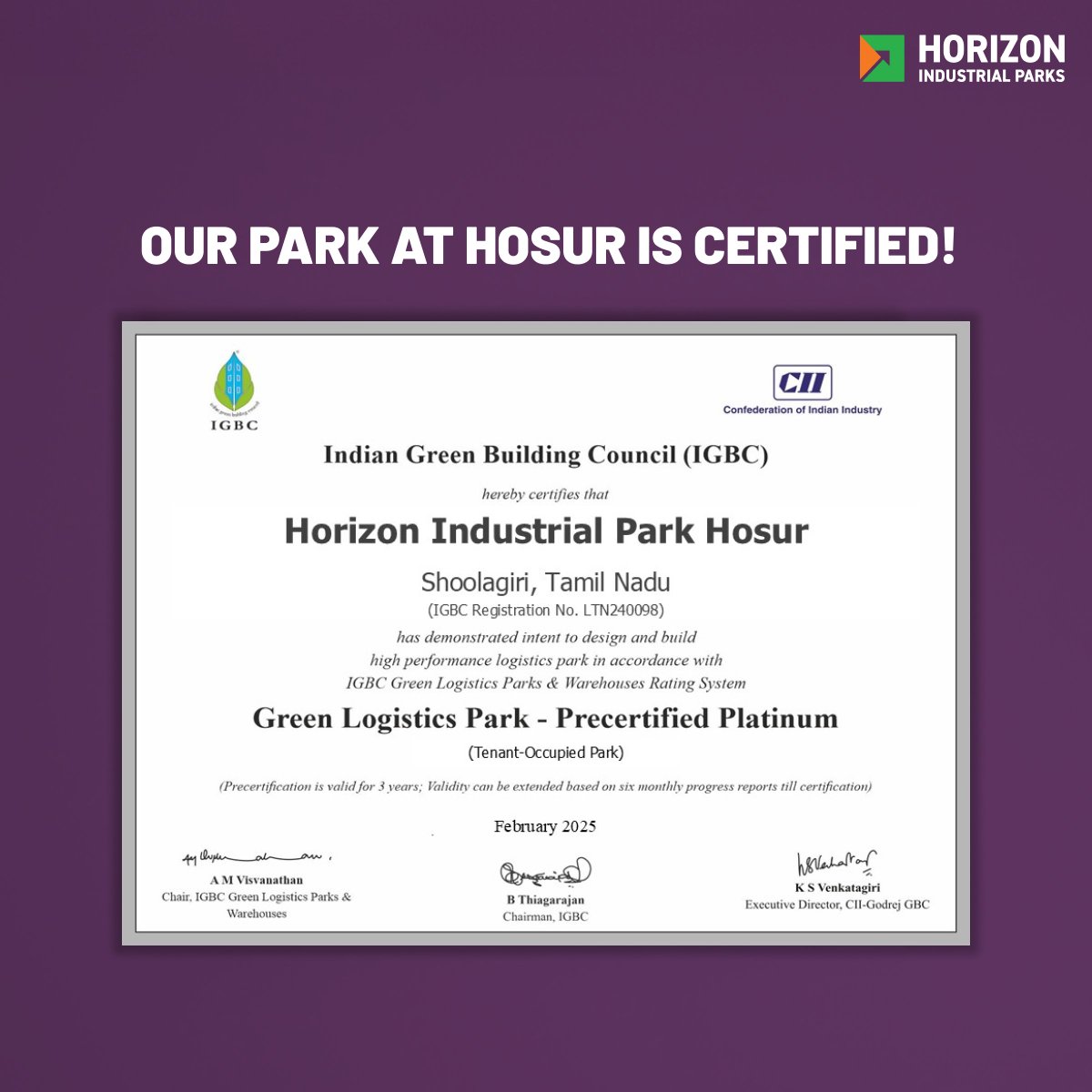 horizon_parks's tweet image. Another milestone for a greener future! Horizon Industrial Park Hosur is now IGBC Platinum Pre-Certified, proving that industrial infrastructure can thrive with eco-friendly practices. Here's to many more sustainable successes in 2025!

#HorizonIndustrialParks #IGBCPlatinum