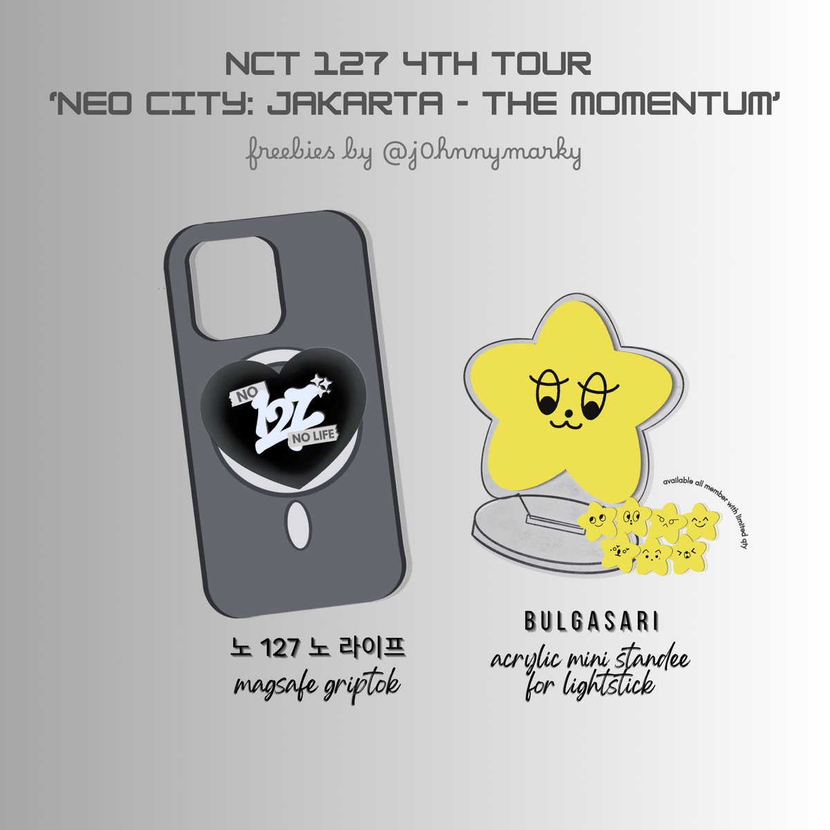 ྀི NEO CITY: JAKARTA - THE MOMENTUM
freebies by <a href="/j0hnnymarky/">rest</a>

• no 127 no life magsafe griptok
• bulgasari mini standee

📍Indonesia Arena
🗓️15-16 february (depends on stock)
🕥 TBA

see you!❤️

#NCT127 #NEOCITY_THE_MOMENTUM #NCT127_NEOCITY_THE_MOMENTUM