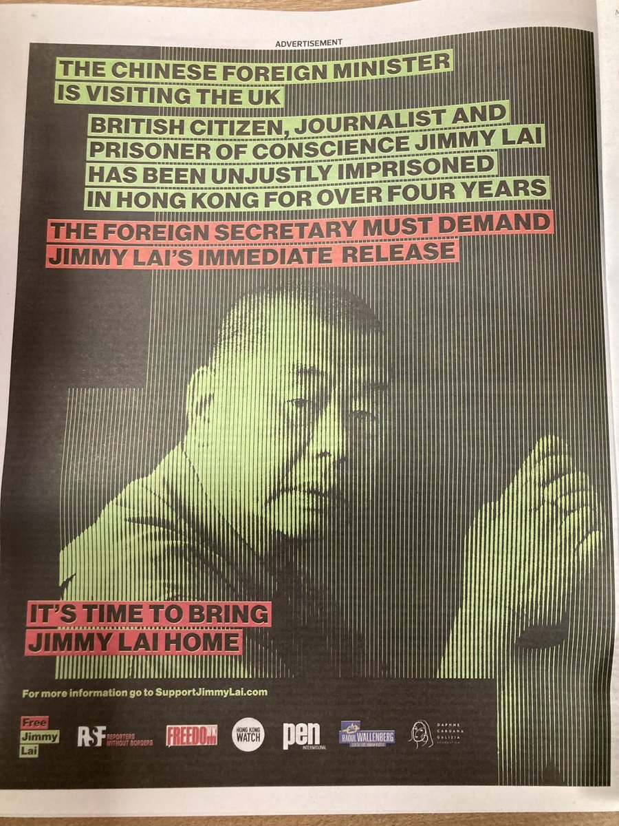 SupportJimmyLai's tweet photo. In today’s @guardian.  

Jimmy Lai has been wrongly detained for over 1500 days. As the Chinese Foreign Minister touches down in the UK, the Foreign Secretary must make clear we will not tolerate the unlawful imprisonment of a British journalist. 

Before the UK does business with China, Jimmy Lai must come home.

 #FreeJimmyLai