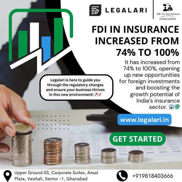 Legalarillp's tweet image. Great news for the insurance sector! 📢 FDI in Insurance has increased from 74% to 100%, opening new growth opportunities. Stay updated with Legalari for expert insights on financial regulations. 🚀 #FDIInInsurance #Legalari