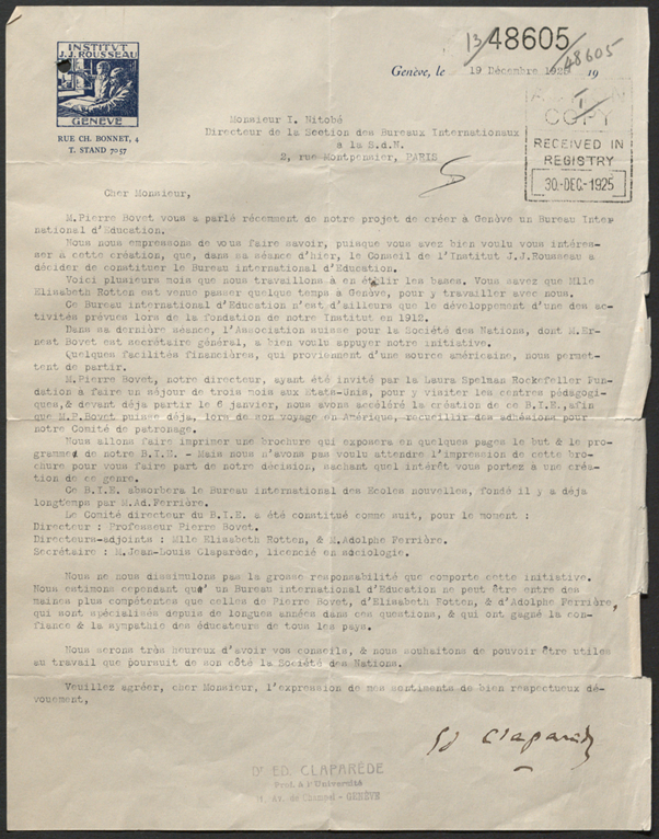 UN Library&Archives Geneva (@unoglibrary) on Twitter photo Happy centenary to <a href="/IBE_UNESCO/">UNESCO-IBE</a>!
Founded in 1925 in Geneva, <a href="/UNESCO/">UNESCO 🏛️ #Education #Sciences #Culture 🇺🇳</a> International Bureau of Education (IBE) was the 1st intergovernmental organization exclusively active in education.
From our archives⬇️Letter from E. Claparède informing the #LeagueOfNations about IBE's creation. Happy centenary to <a href="/IBE_UNESCO/">UNESCO-IBE</a>!
Founded in 1925 in Geneva, <a href="/UNESCO/">UNESCO 🏛️ #Education #Sciences #Culture 🇺🇳</a> International Bureau of Education (IBE) was the 1st intergovernmental organization exclusively active in education.
From our archives⬇️Letter from E. Claparède informing the #LeagueOfNations about IBE's creation.
