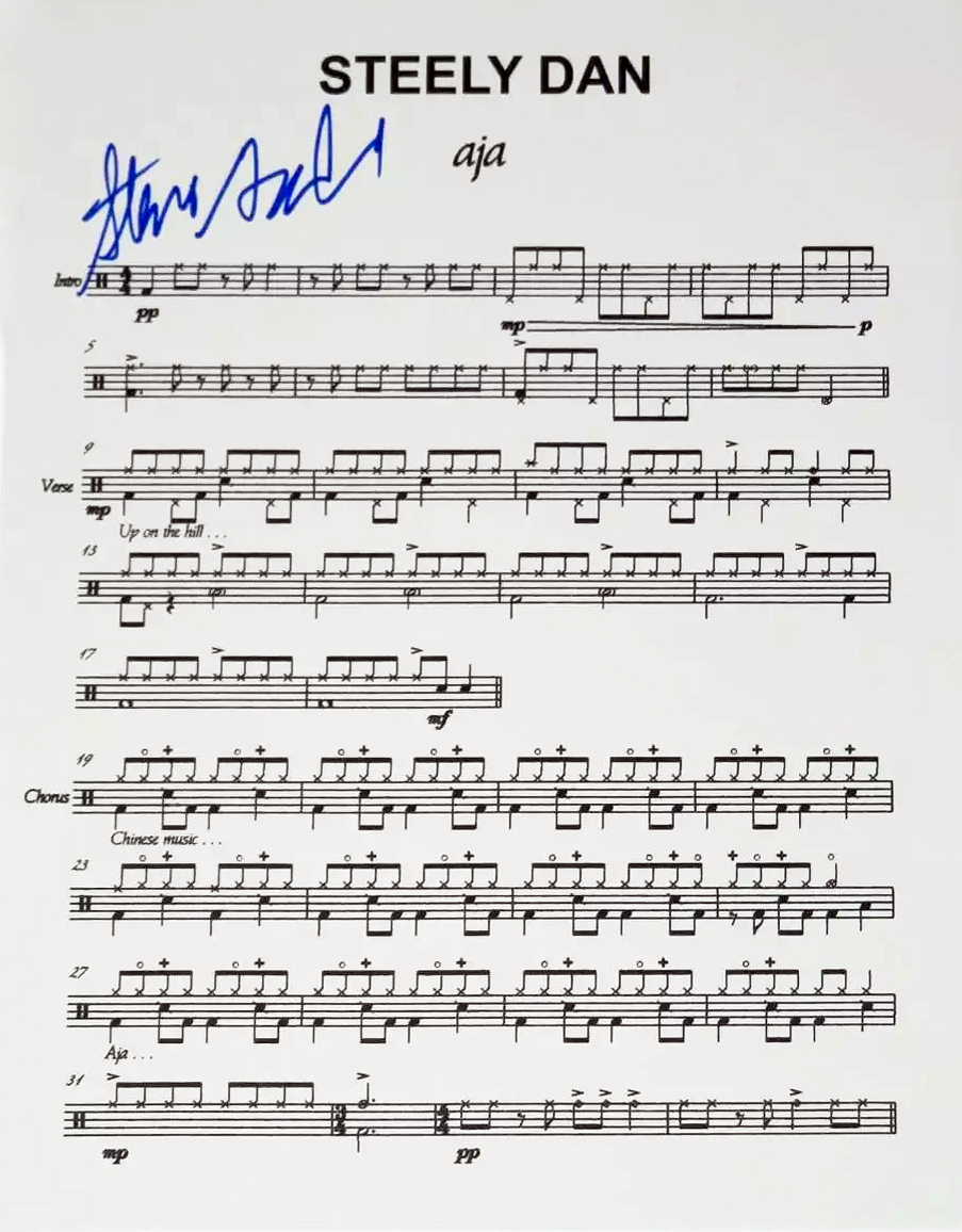 Autographed Steve Gadd Drum Chart for Steely Dan's 1977 classic, 'Aja'