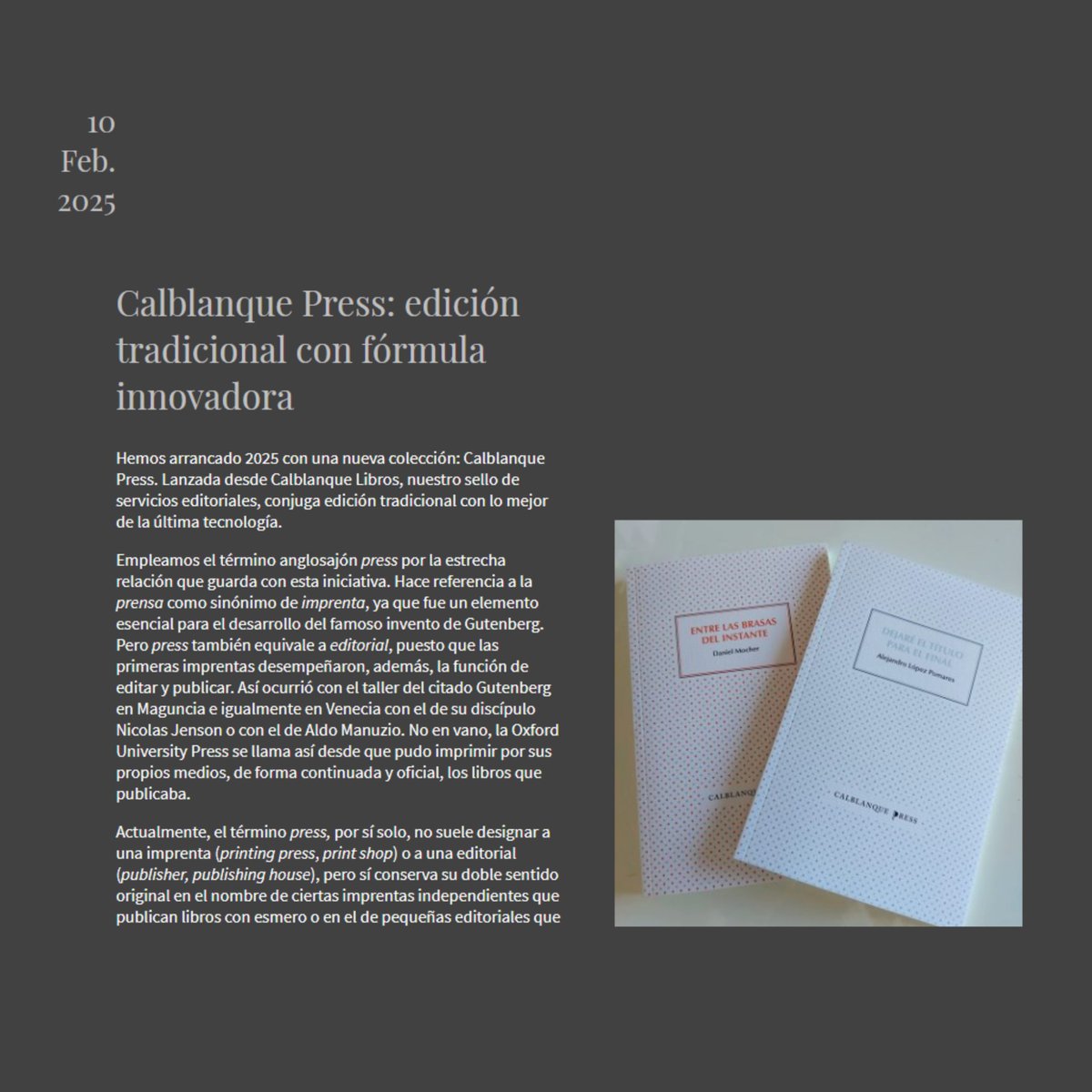 Con el nuevo año, hemos estrenado un blog en nuestra página web. En la entrada de hoy hablamos de todo lo que supone Cablanque Press y su fórmula tradicional e innovadora al mismo tiempo. Os invitamos a leerla en el siguientes enlace:

balduque.es/2-calblanque-p…