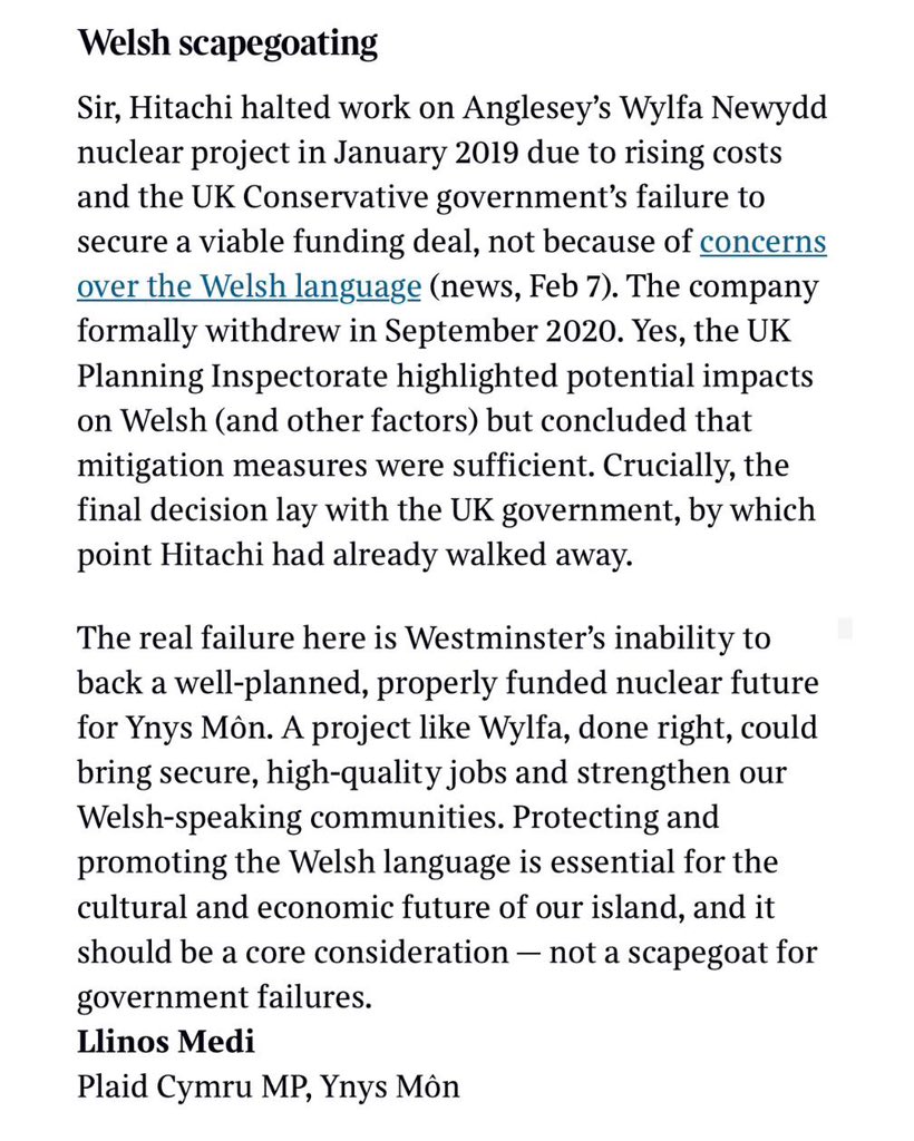 llinos_medi's tweet photo. My letter in The Times today setting the record straight on Wylfa and the Welsh language. 

Protecting and promoting the language is essential for the cultural and economic future of our island. 

It should not be used as a scapegoat for government failure. https://t.co/L0ZfuSOSp4