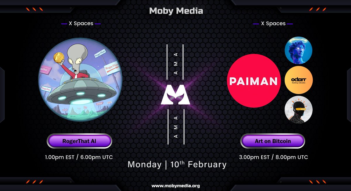AMA ANNOUNCEMENT 📢

➡️ Join: t.me/MobyMediaNews
➡️ Follow: <a href="/mobymedia/">Moby Media</a>. 
🏦 Join our Twitter Space with <a href="/studiopaiman/">StudioPaiman</a> &amp; <a href="/RogerThatAi/">RogerThat AI | AI Portfolio Manager</a>.

Don’t miss out!

Verify team <a href="/mobymedia/">Moby Media</a> | 🐋 linktr.ee/mobymedia