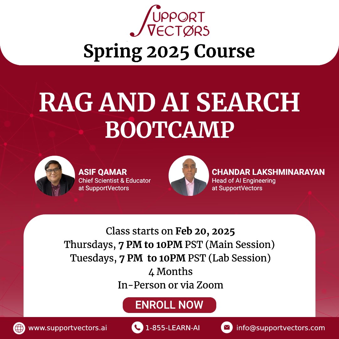 supportvectors's tweet image. RAG and AI Search Bootcamp
This is a comprehensive 16-week hands-on program that equips AI engineers with both theory and real-world skills through projects and programming sessions.
Detailed syllabus at the website: rb.gy/edfvfn
Attend first class for FREE!
📅…