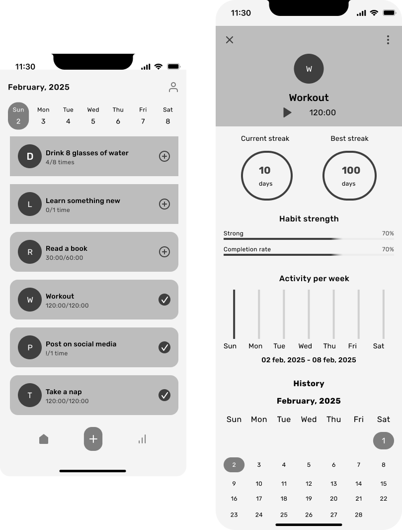 Chisom_designs's tweet photo. I joined an internship where we were asked to design two screens of Sonder, a fictional wellness and habit tracking app strictly with achromatic colors. The two screens were: 1. A home screen, and 2. A progress screen where users. 

This is my design. How did I do? https://t.co/cK1Up9UpLD