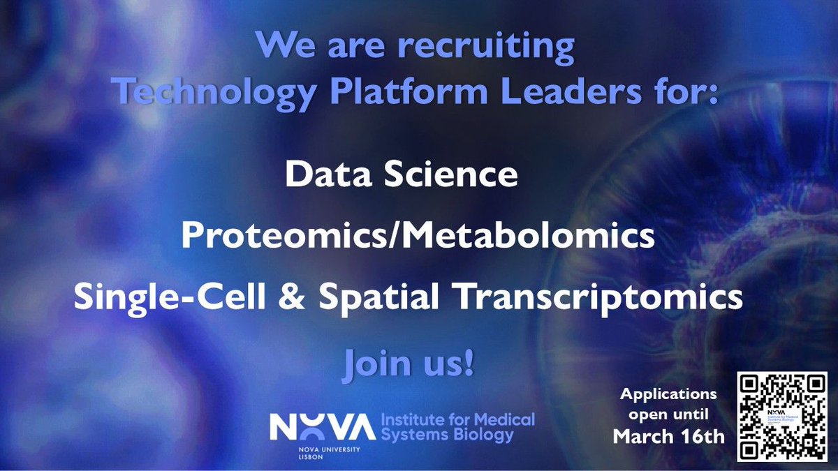 🚀 WE ARE HIRING!!! 

We are looking for exceptional Technology Platform Leaders to drive innovation in:

 🖥  Data Science
 🧬 Proteomics/Metabolomics
 🧫 Single-Cell &amp; Spatial Transcriptomics

 🗓️ Date: Until March 16th
 👉 nimsb.unl.pt/join-us/