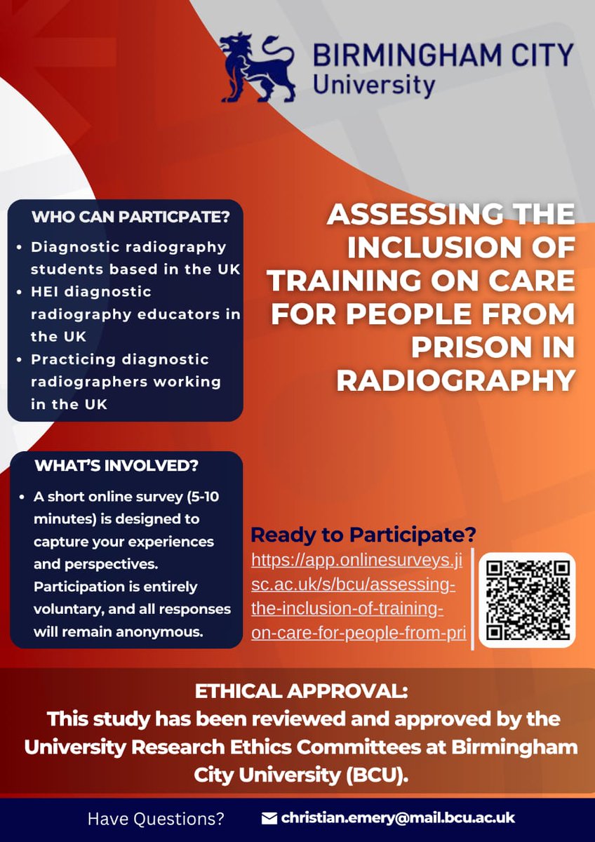 📢 Calling UK radiography students, HEI educators, and diagnostic radiographers to participate in the study below.

📝 5-10 min survey
🔒 Voluntary and anonymous
📌Link :[app.onlinesurveys.jisc.ac.uk/s/bcu/assessin…]

#RadiographyResearch #researchisforeveryone #research