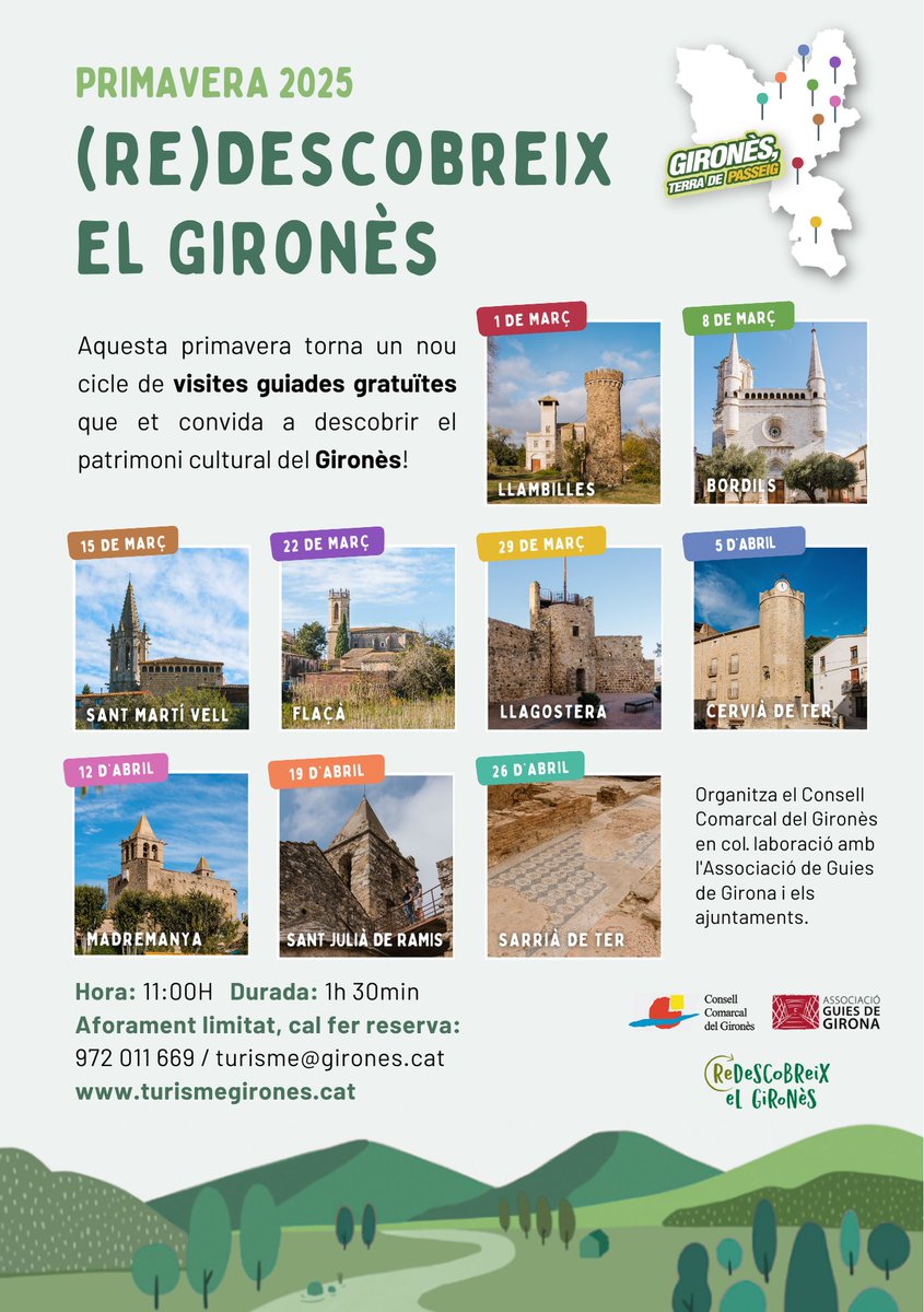 ⛪️ L'Àrea de <a href="/turismegirones/">Turisme Gironès</a> estrena un nou cicle de visites culturals aquesta primavera.

Un total de 9 visites guiades entre l'1 de març i el 26 d'abril. Guiatge a càrrec de <a href="/AGG_GuiesGirona/">Associació Guies de Girona</a>. 

Apunteu-vos i (re)descobriu el #Gironès! 😀

🔗 girones.cat/2025/02/10/tur…