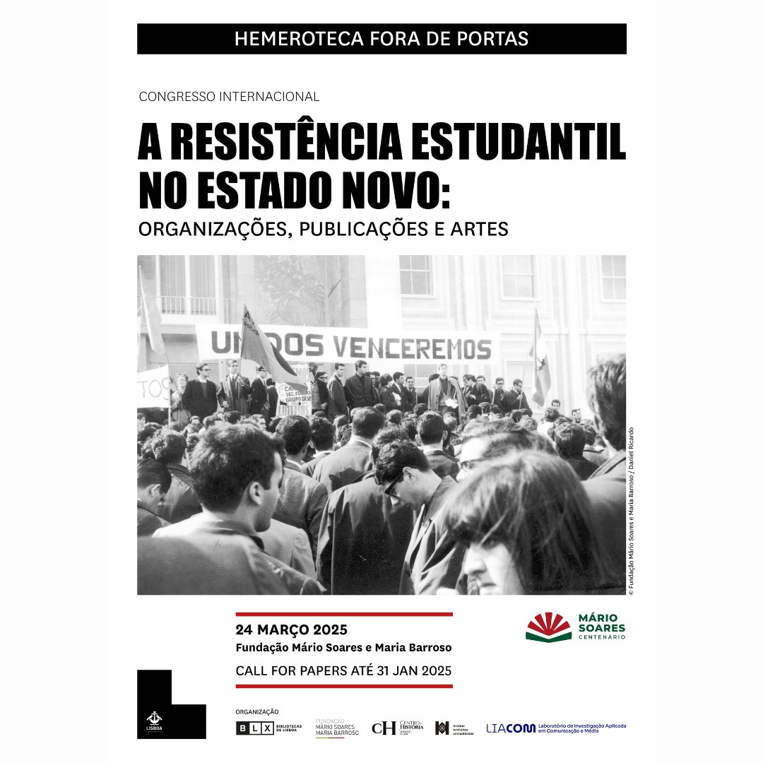 "📢 Foi prolongado até ao dia 16 de fevereiro o prazo para o envio de propostas de trabalhos para o Congresso Internacional 'A Resistência Estudantil no Estado Novo: organizações, publicações e artes'."
