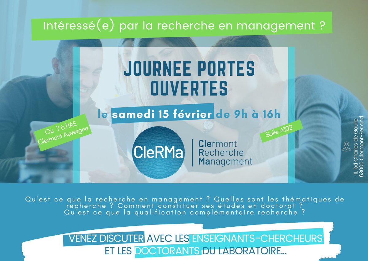 Laboratoire CleRMa (@labo_clerma) on Twitter photo Journée portes ouvertes à l'UCA ce samedi 15 février. Intéressé(e) par la recherche en management ? comment y accéder ? Venez rencontrer notre équipe et discuter avec les EC et doctorants du laboratoire !
<a href="/UCA_Recherche/">UCA Recherche</a>
@iaeClermontAuvergne Journée portes ouvertes à l'UCA ce samedi 15 février. Intéressé(e) par la recherche en management ? comment y accéder ? Venez rencontrer notre équipe et discuter avec les EC et doctorants du laboratoire !
<a href="/UCA_Recherche/">UCA Recherche</a>
@iaeClermontAuvergne