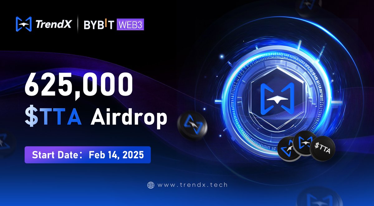 TrendX &amp; Bybit Web3

🎉 We are thrilled to announce that TrendX will be integrated into Bybit Web3. The TTA airdrop event is coming soon!

🎁 Prize: 625,000 TTA

📅 Start Date：February 14, 2025

✨ Stay tuned for upcoming updates. More information will be released on