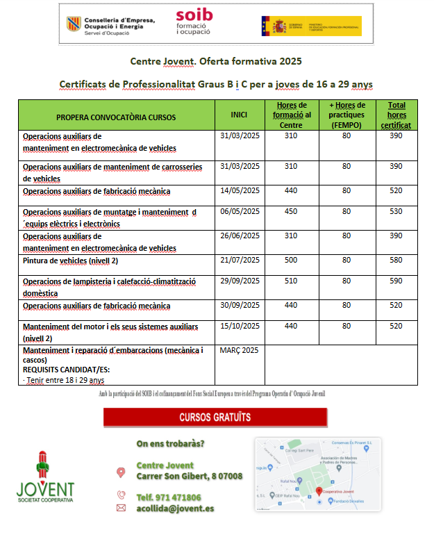 cijllucmajor's tweet photo. Calendari de l'oferta formativa per a 2025 (Certificats de professionalitat Grau B i C) del Centre Jovent, dirigida a joves de 16 a 29 anys.  @Coop_Jovent https://t.co/eVgZrtXVAt