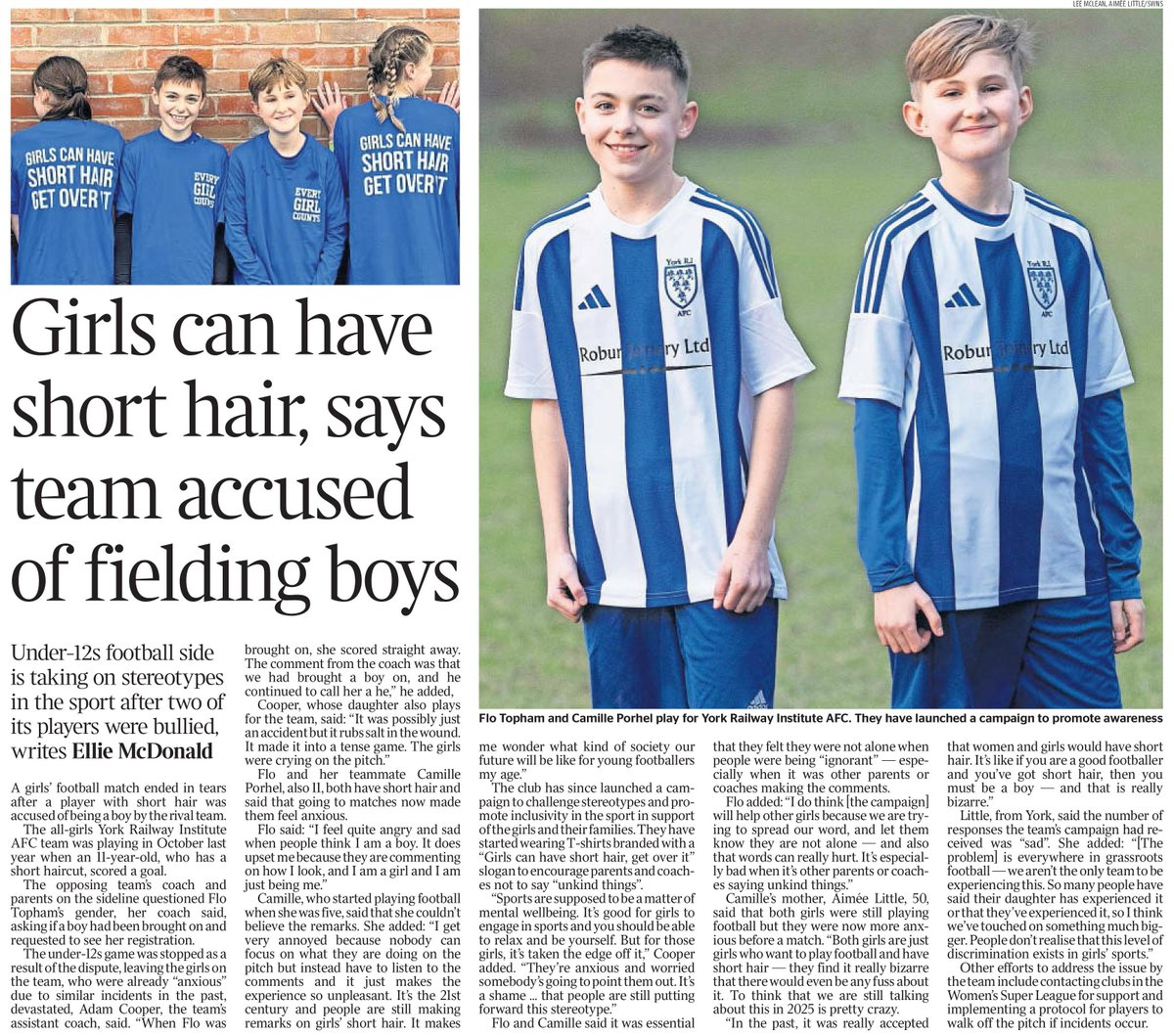 SWNS Leeds (@swnsleeds) on Twitter photo A team of girl footballers are defending their right to have short hair after some were accused of being boys during a game.
They have mounted a "Girls can have short hair. Get Over It" campaign after complaints from rival teams.
๐- <a href="/izzy_hawksworth/">Izzy Hawksworth</a>
๐ธ - <a href="/Cleany7878/">Lee McLean</a> A team of girl footballers are defending their right to have short hair after some were accused of being boys during a game.
They have mounted a "Girls can have short hair. Get Over It" campaign after complaints from rival teams.
๐- <a href="/izzy_hawksworth/">Izzy Hawksworth</a>
๐ธ - <a href="/Cleany7878/">Lee McLean</a>