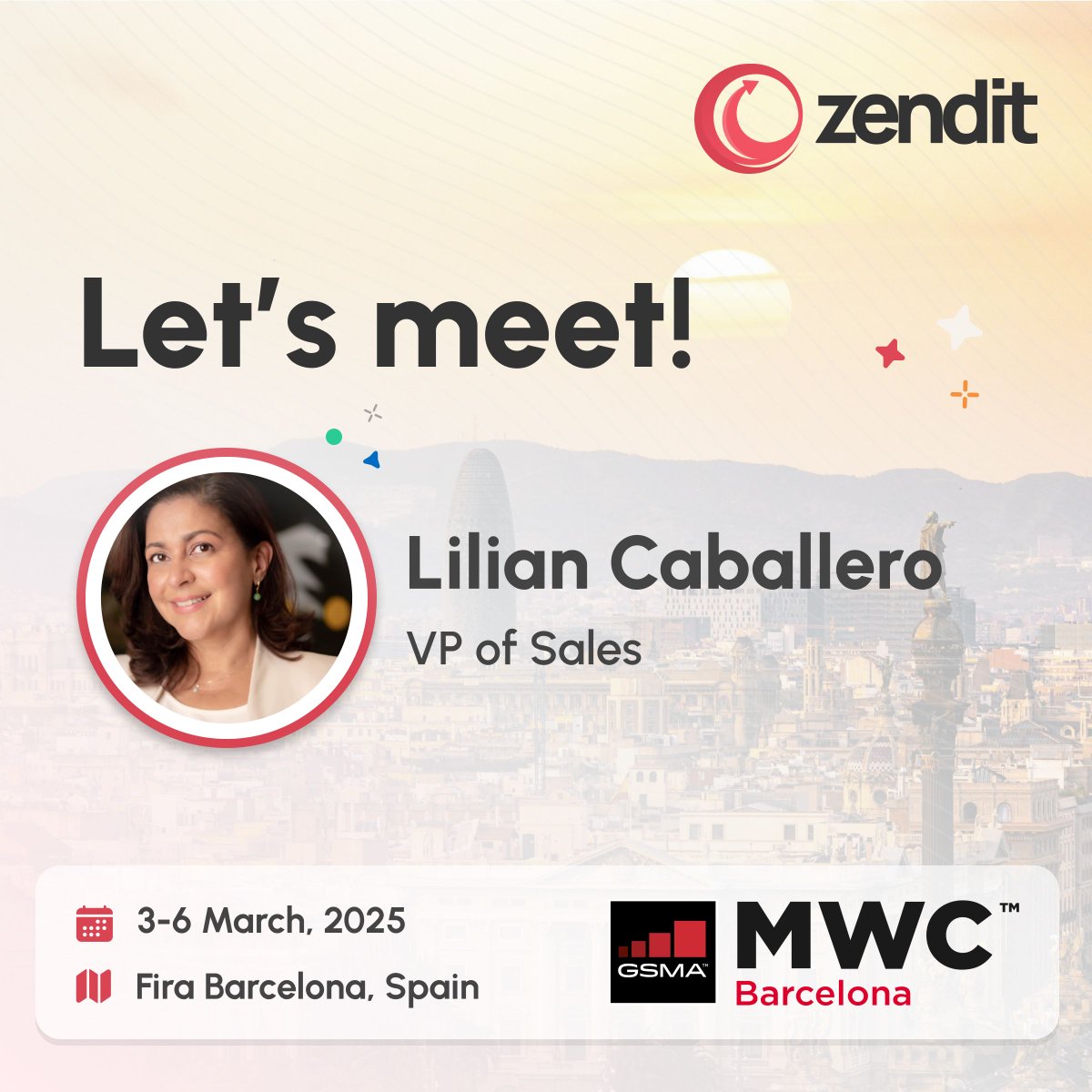 zenditplatform's tweet image. 📢 Catch Lilian Caballero at MWC Barcelona, at Stand CS24.

As VP of Sales at zendit, Lilian is at the forefront of expanding your business across industries.

Book a meeting here: buff.ly/3Cv7Y0B 

#MWC25 #eSIM #zendit #events