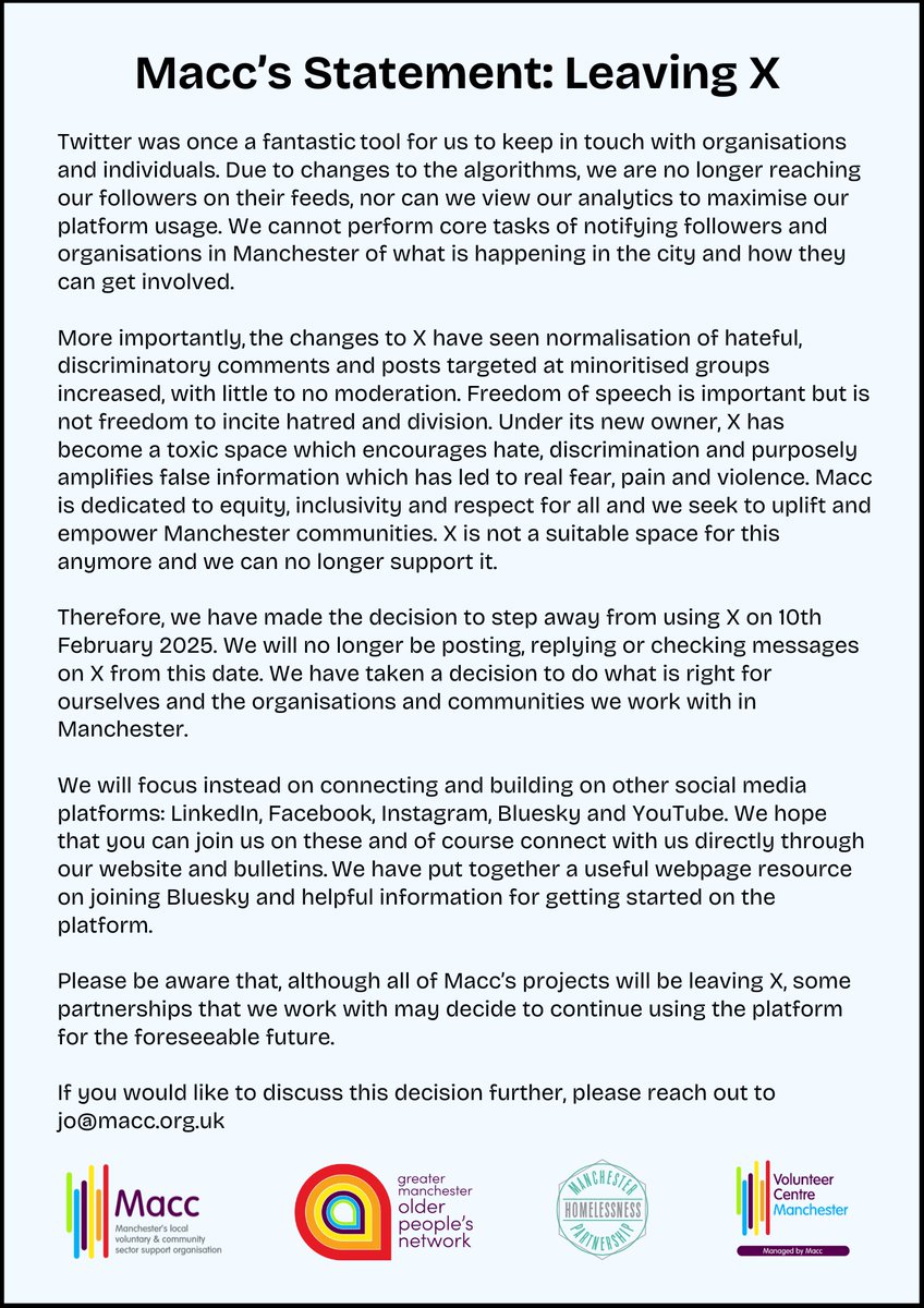 We have made the decision to step away from using X on the 10th February 2025. Please read our full statement below.

We will continue to post on Facebook and Instagram. Find us via the link in our description.

View our Bluesky resources: manchestercommunitycentral.org/bluesky-resour…
