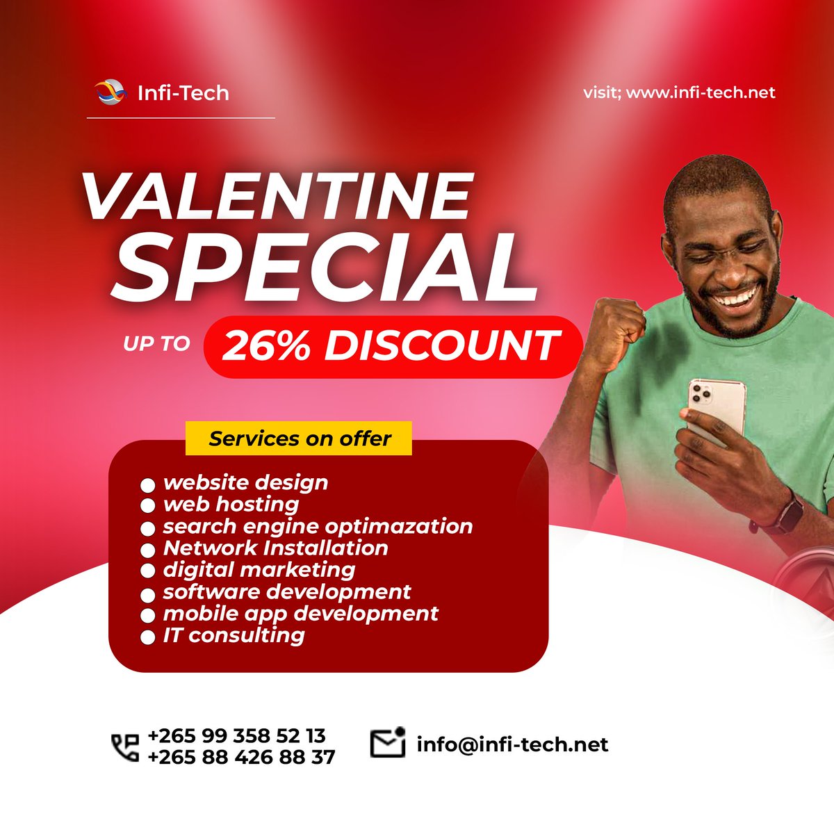 infitechmw's tweet image. 💖 Love is in the air, and so are our Valentine&apos;s Specials! 💻 Enjoy up to 26% OFF 

📞 Call us: +265 99 358 52 13 
📧 Email: info@infi-tech.net
🌐 Visit: infi-tech.net

#InfiTech #ValentineSpecial #TechSolutions #Discounts #DigitalMarketing #Lilongwe #BusinessGrowth