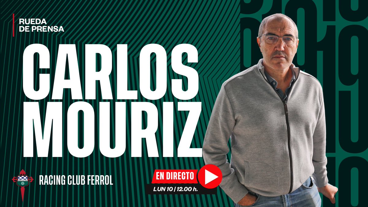 racingferrolsad's tweet photo. 🎙 ROLDA DE PRENSA | Carlos Mouriz, Director Deportivo do Racing Club Ferrol, comparece hoxe en directo para valorar o peche do mercado invernal

⌚️ A partir das 12.00 h.

📺🔴 https://t.co/vqm6tqFp73

#actualidadeRCF #actualidad #LALIGAHypermotion #RacingClubFerrol #aenerxíaverde #mediaRCF