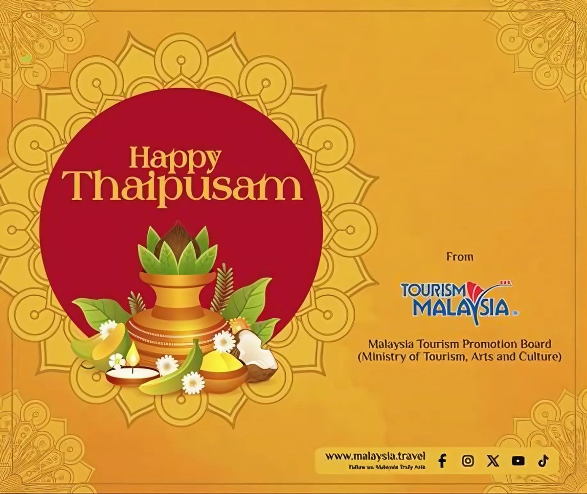 இந்நாள் சிந்தனை மீட்சி,தியாகம் மற்றும் இதயபூர்வ பக்தி நாளாக திகழ்கிறது.தைப்பூசம் கொண்டாடும் உங்கள் வாழ்க்கையில்  வலிமையும் தெளிவையும் ஒளியையும் வழங்கட்டும். ✨🏵️  

🪔 தைப்பூச திருநாள் வாழ்த்துகள்!

-------------------------

A day of reflection, sacrifice, and heartfelt